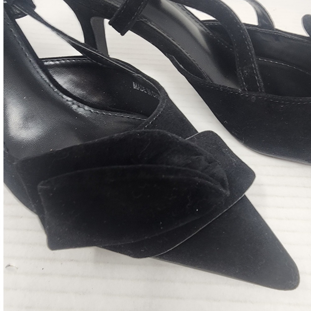 CAMSCOO Black Suede Pointed Toe Slingback Bow Kitten Heels Women Size 7.5 - Picture 7 of 12